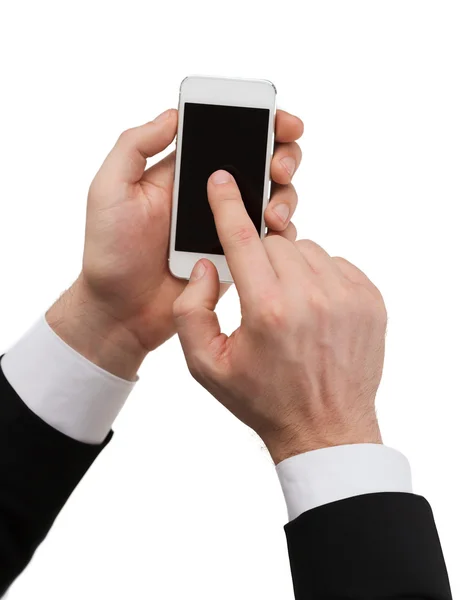 Hombre de negocios tocando la pantalla del teléfono inteligente — Foto de Stock