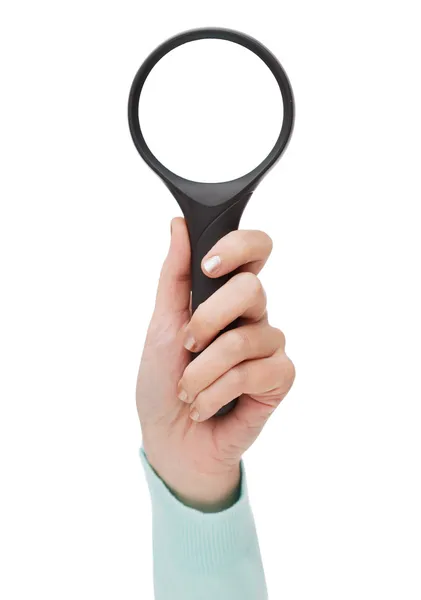 Woman hand holding magnifying glass — Stock Photo, Image