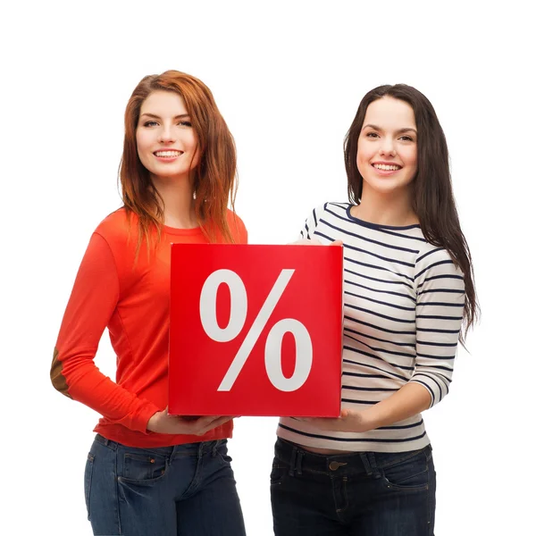 Two smiling teenage girl with percent sign on box — Stock Photo, Image