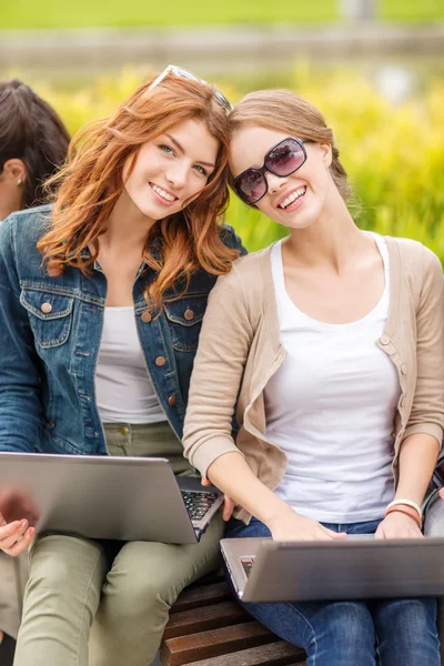 Two female students with laptop computers — Stock Photo, Image