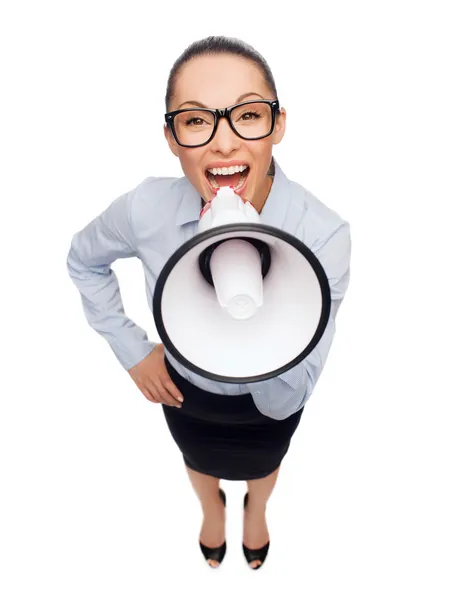 Screaming businesswoman with megaphone — Stock Photo, Image