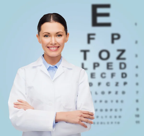 Smiling female doctor with eye chart — Stock Photo, Image