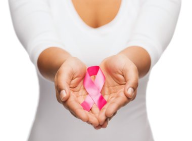 Hands holding pink breast cancer awareness ribbon clipart
