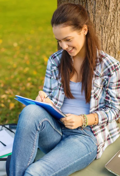 Lächelnder Teenager schreibt in Notizbuch — Stockfoto