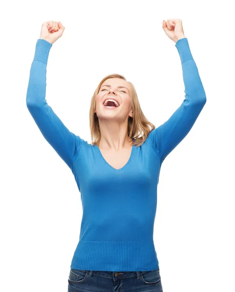 Laughing young woman with hands up Royalty Free Stock Photos