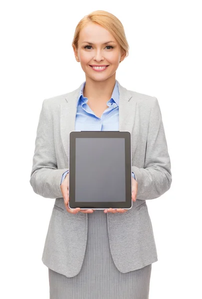 Businesswoman with blank black tablet pc screen — Stock Photo, Image