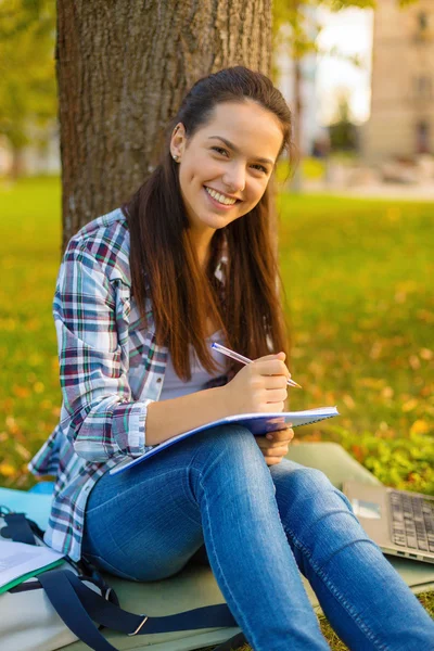 Un adolescent souriant écrit dans un carnet — Photo