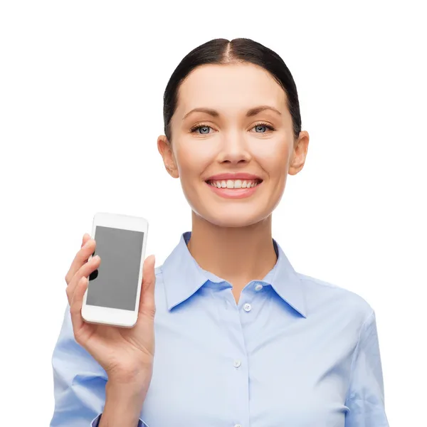 Mujer de negocios sonriente con pantalla en blanco espartphone — Foto de Stock