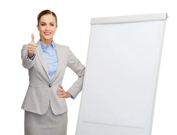 Smiling businesswoman standing next to flip board — Stock Photo, Image