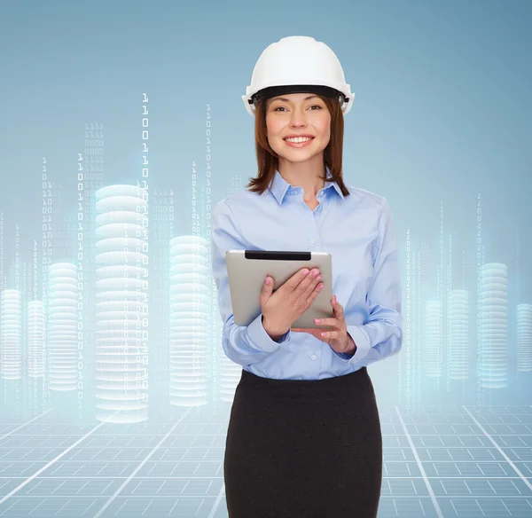 Young smiling businesswoman in white helmet — Stock Photo, Image