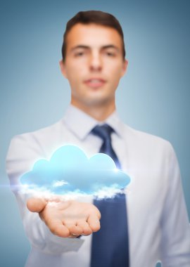 Friendly buisnessman showing cloud on the palm clipart