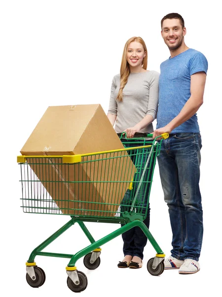 Smiling couple with shopping cart and big box — Stok Foto