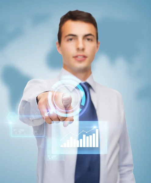 Buisnessman pointing finger to virtual screen — Stock Photo, Image