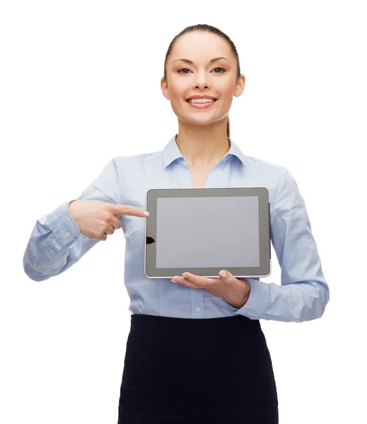 Empresária com tela de tablet preto em branco pc — Fotografia de Stock