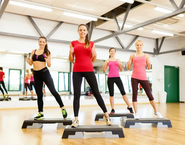 Gruppo di donne sorridenti che fanno aerobica — Foto Stock