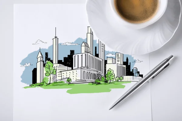 纸的注意，与城市剪影和咖啡 — 图库照片
