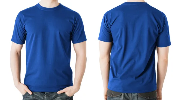 Man in blank blue t-shirt, front and back view — Stock Photo, Image