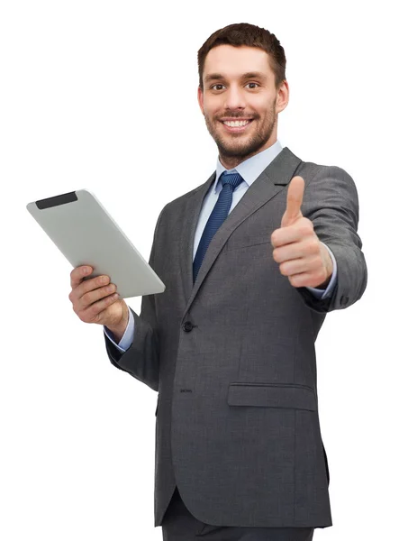 Buisnessman sonriente con la computadora de la tableta PC — Foto de Stock