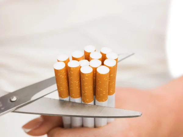 Close up of scissors cutting many cigarettes — Stock Photo, Image