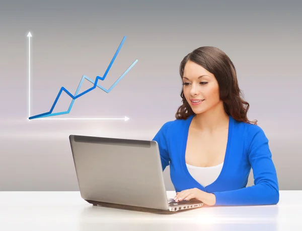 Lachende vrouw in blauwe kleren met laptopcomputer — Stockfoto