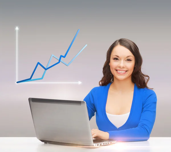 Smiling woman in blue clothes with laptop computer Stock Image