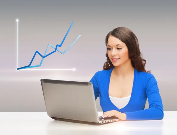 Smiling woman in blue clothes with laptop computer Stock Image