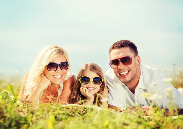 Mutlu bir aile ile mavi gökyüzü ve yeşil çimen — Stok fotoğraf