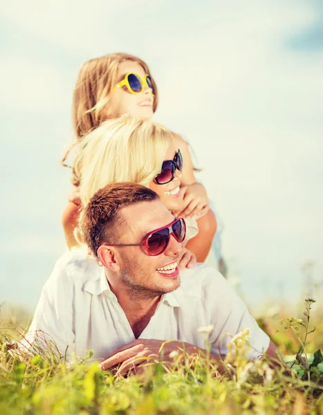 Met de blauwe lucht en groen gras en gelukkige familie — Stockfoto