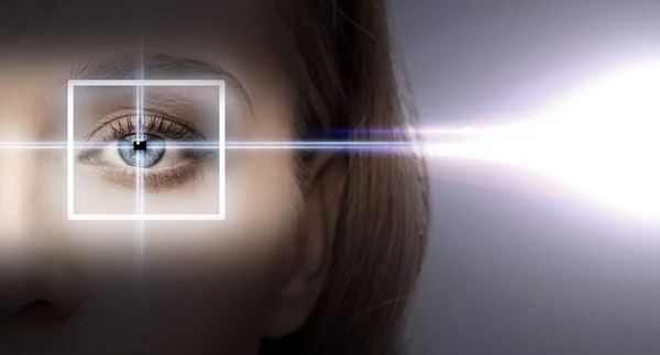 Vrouw oog met laser correctie frame — Stockfoto