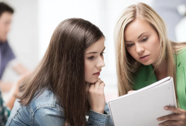 Student girls looking at notebook at school Stock Image