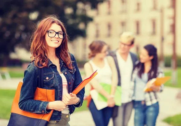 Kvinnlig student i eyglasses med mappar — Stockfoto