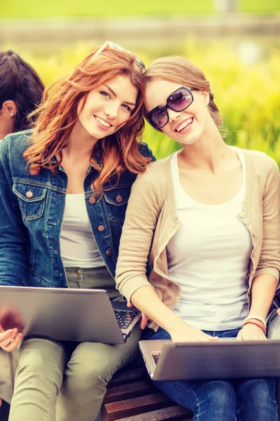 Two female students with laptop computers — Stock Photo, Image