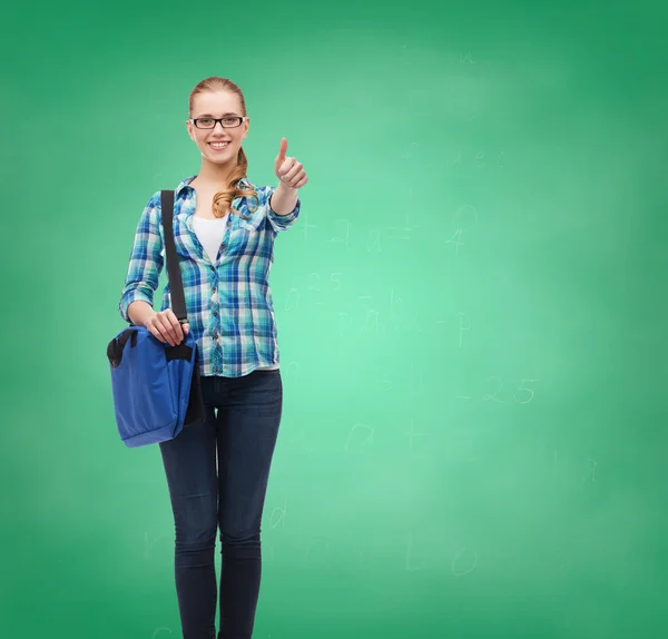 Estudiante con bolsa de ordenador portátil mostrando pulgares hacia arriba — Foto de Stock