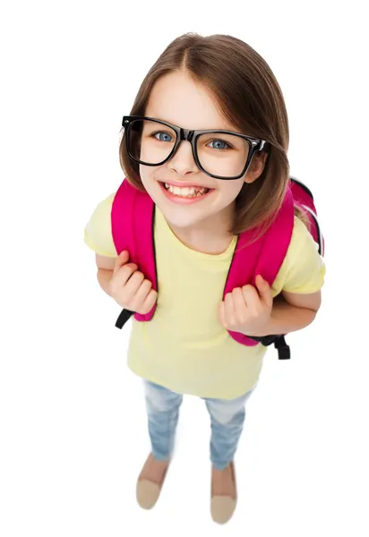 Happy smiling teenage girl in eyeglasses with bag — Stock Photo, Image