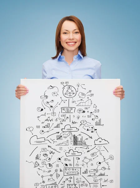 Smiling businesswoman with plan in white board — Stock Photo, Image