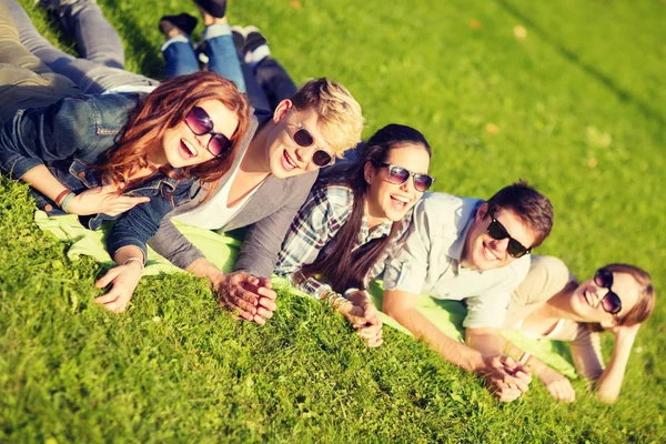 Группа студентов или подростков, лежащих в парке — стоковое фото