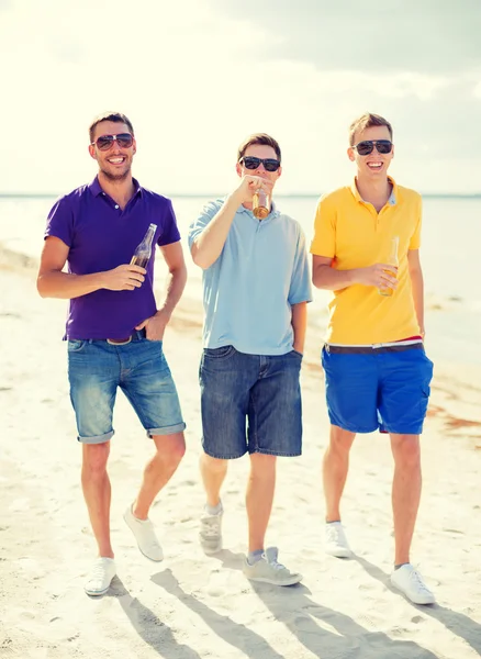 Amigos masculinos na praia com garrafas de bebida — Fotografia de Stock