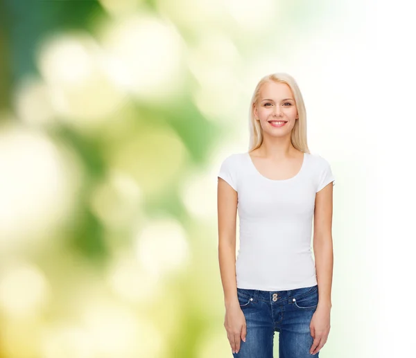 Smiling woman in blank white t-shirt — Stock Photo, Image