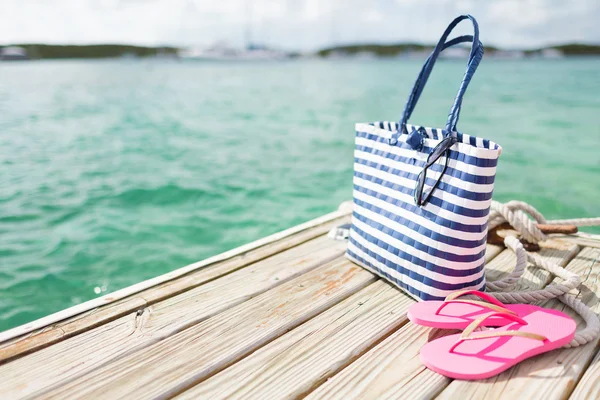 Close up of beach accessories on wooden pier — Stock Image Close up of beach accessories on wooden pier Stock Photo