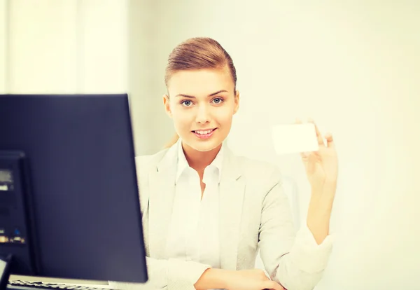 Woman with blank business card — Stock Photo, Image