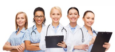 smiling female doctors and nurses with stethoscope clipart