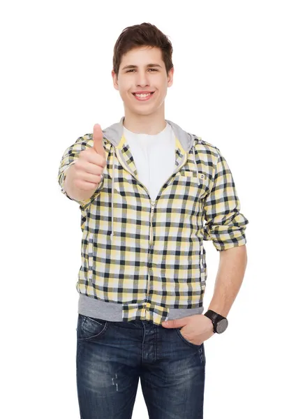 Sorridente studente ragazzo mostrando pollici in su — Foto Stock