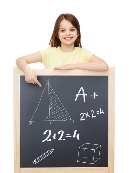 Smiling little girl pointing finger to blackboard Royalty Free Stock Images