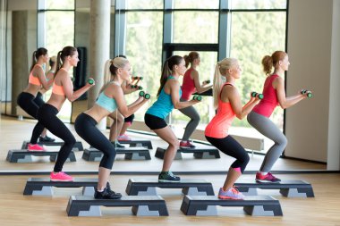 group of women with dumbbells and steppers clipart