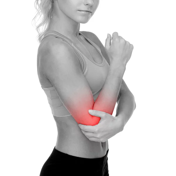 Mulher desportiva com dor no cotovelo — Fotografia de Stock