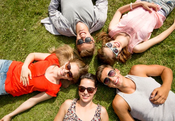 Gruppe lächelnder Freunde liegt im Gras — Stockfoto