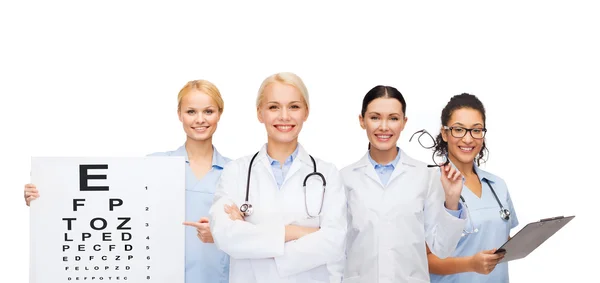 Lächelnde Augenärztinnen und Krankenschwestern — Stockfoto
