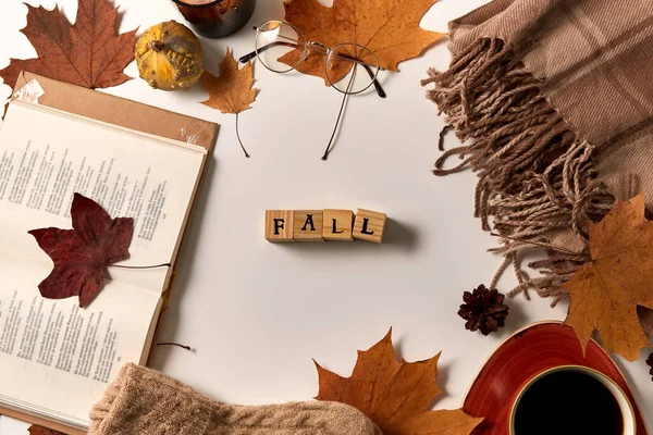 Fall word made of toy blocks and autumn staff — Stock Photo, Image