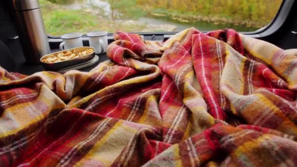 毛布とお茶で車のトランクから川を眺め — ストック動画