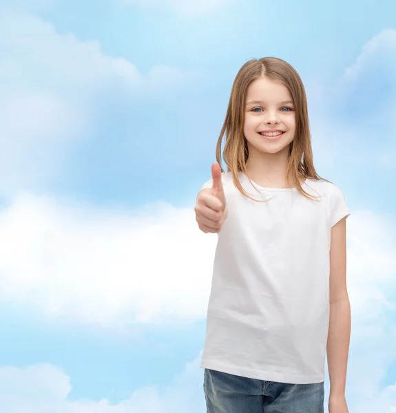 Girl in blank white t-shirt showing thumbs up — Stock Photo, Image